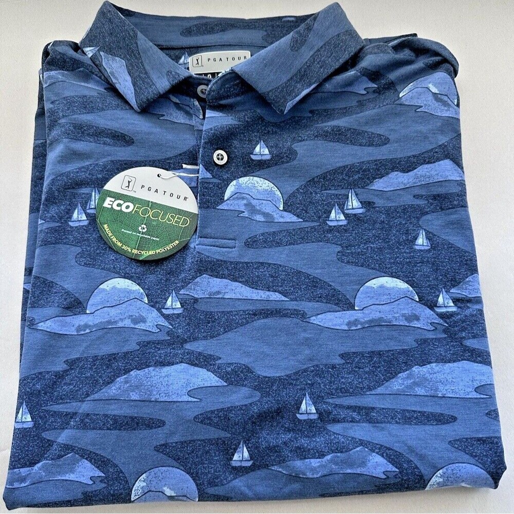 PGA TOUR Men's Polo Shirt Allover Scenic Print Golf Short Sleeve Plolo Blue S